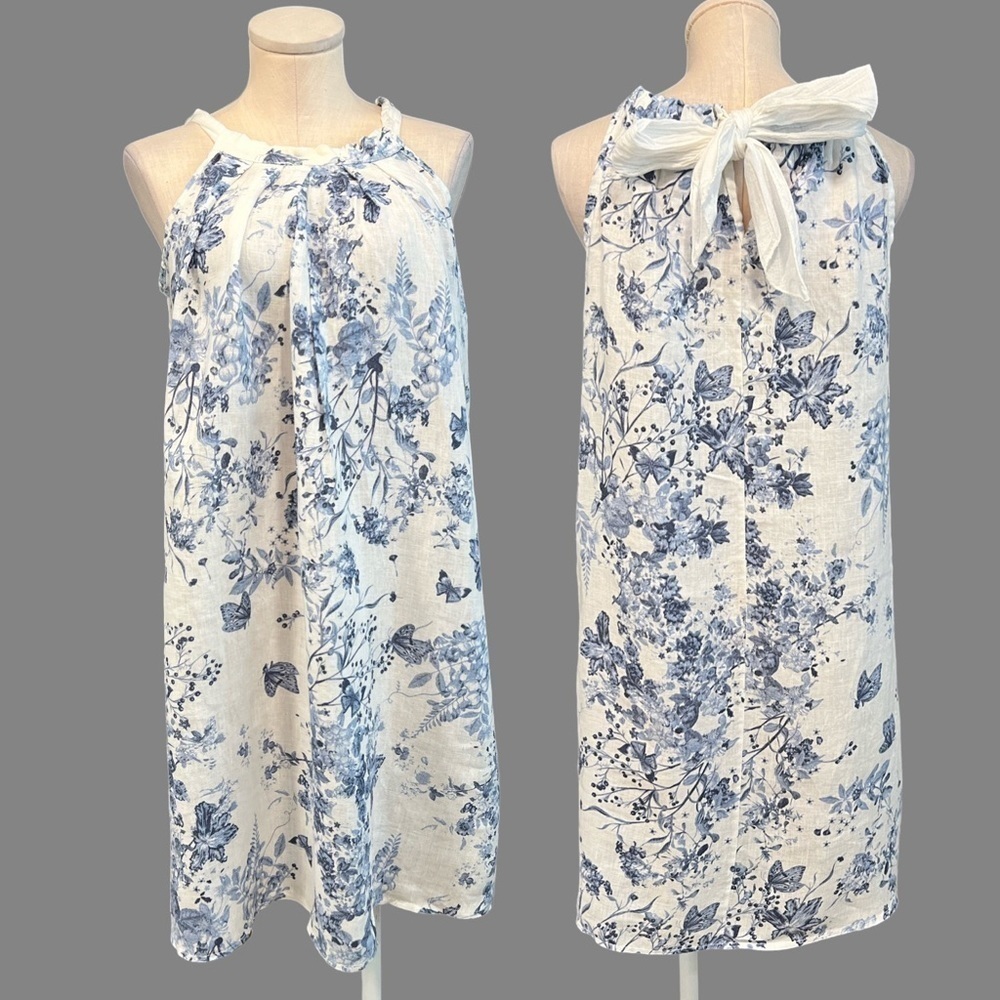BELLAMBRA NWOT white linen halter mini dress with soft blue botanical print